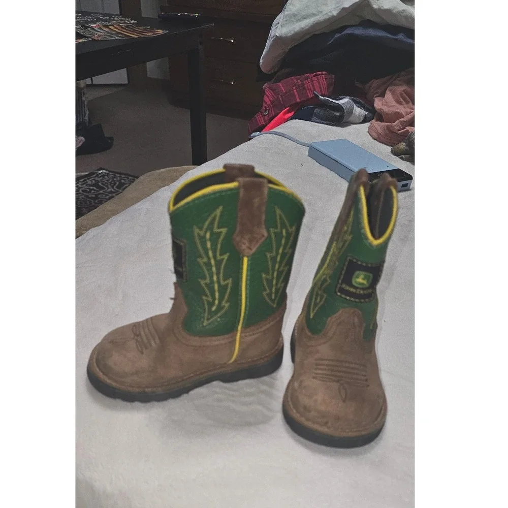 John Deere Infant Boys Brown Green Western Cowboy Boots Dan Post Size 4.5M